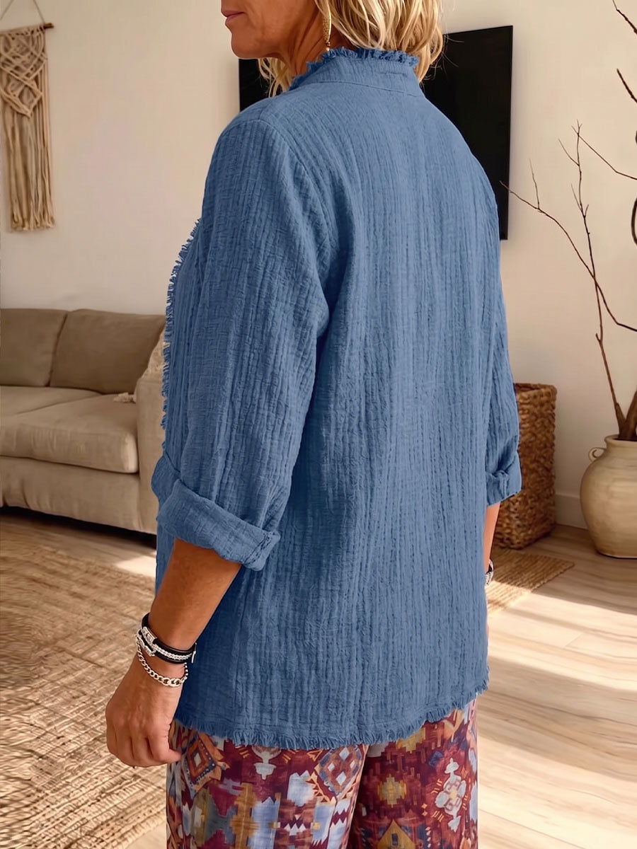 Vintage Elegant Frayed Cotton Linen Cardigan Shirt