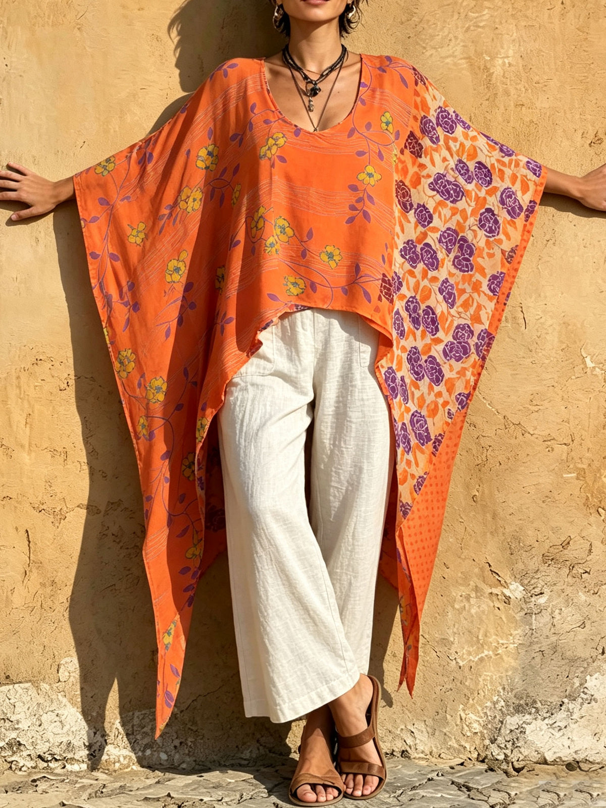 Women‘s Boho Orange Floral Batwing Oversized Kaftan Tunic Top