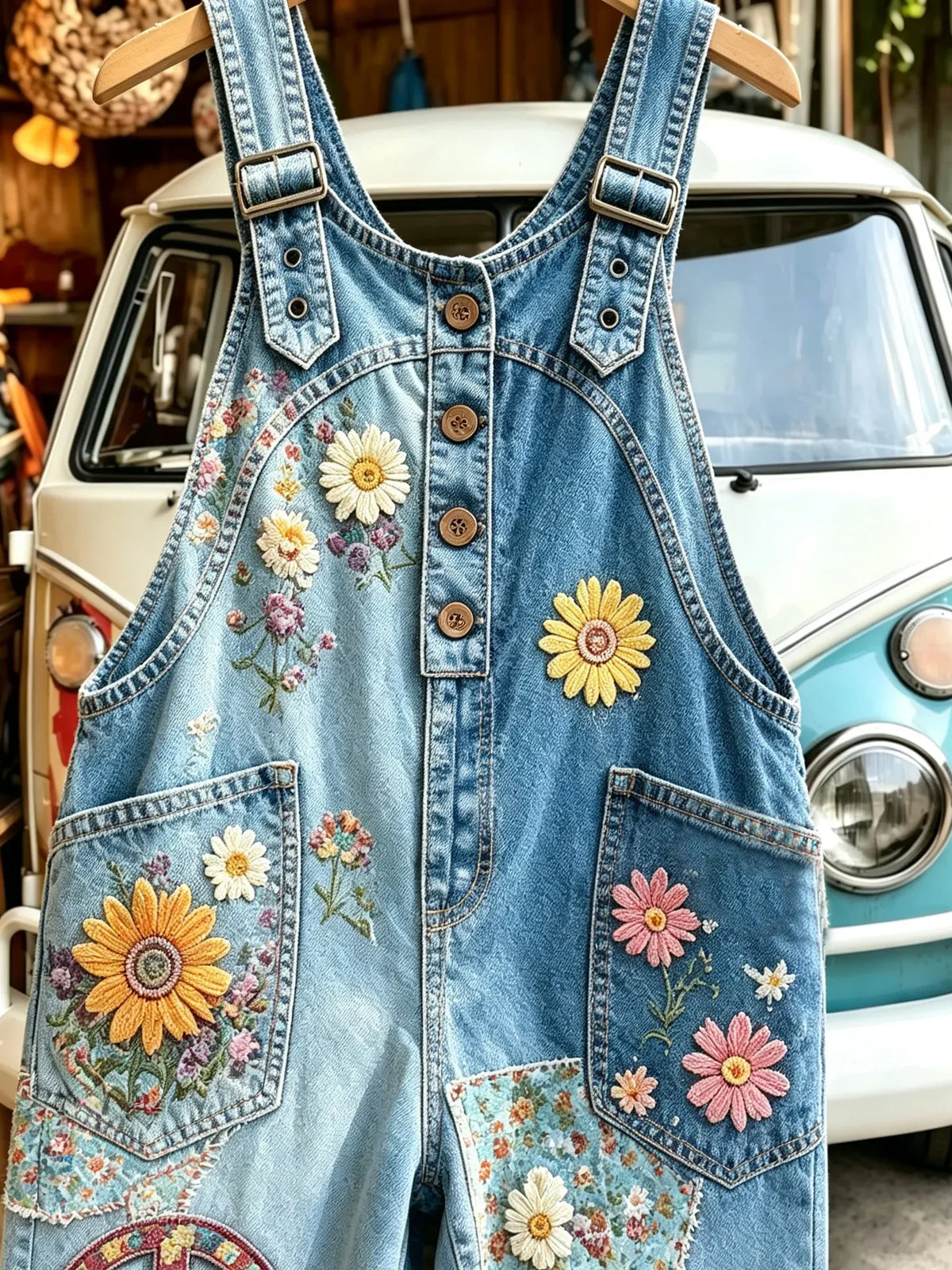 Women's Retro Daisy Peace Sign Patchwork Print Washed Denim Overalls