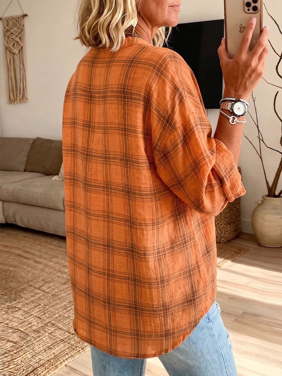 Vintage Elegant Button Long Sleeve Cotton And Linen Plaid Shirt