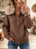 Women's Faux Fur Collar Ribbed Zip-Up Cardigan