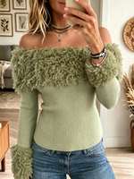 Women's Off-the-Shoulder Fuzzy Trim Ribbed Sweater