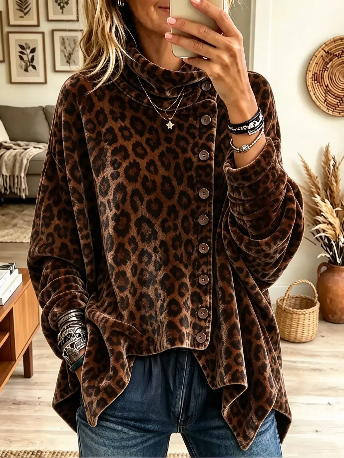 Women's Leopard Print Asymmetrical Button Fleece Pullover