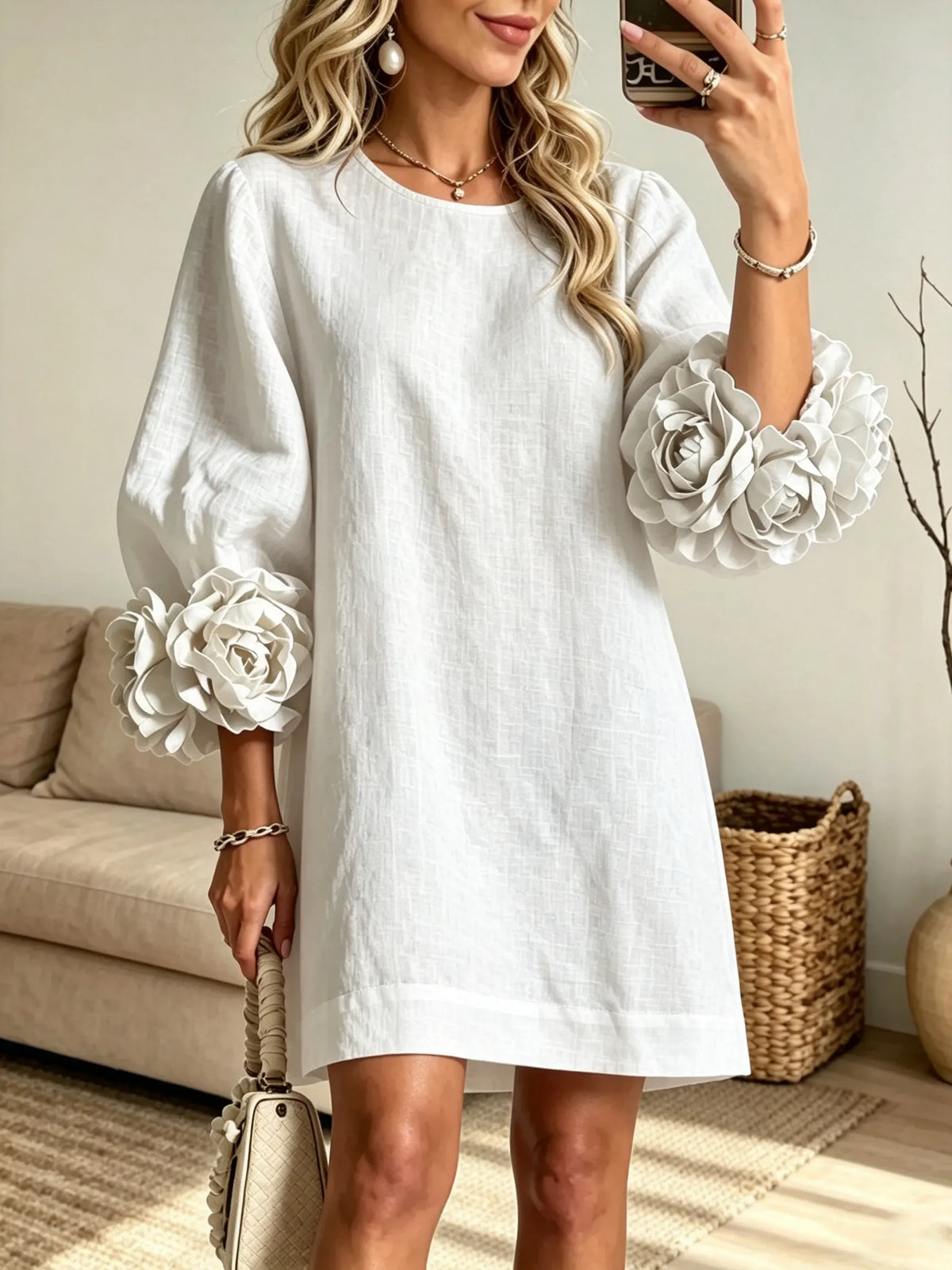 Women's 3D Floral Sleeve Linen Shift Dress