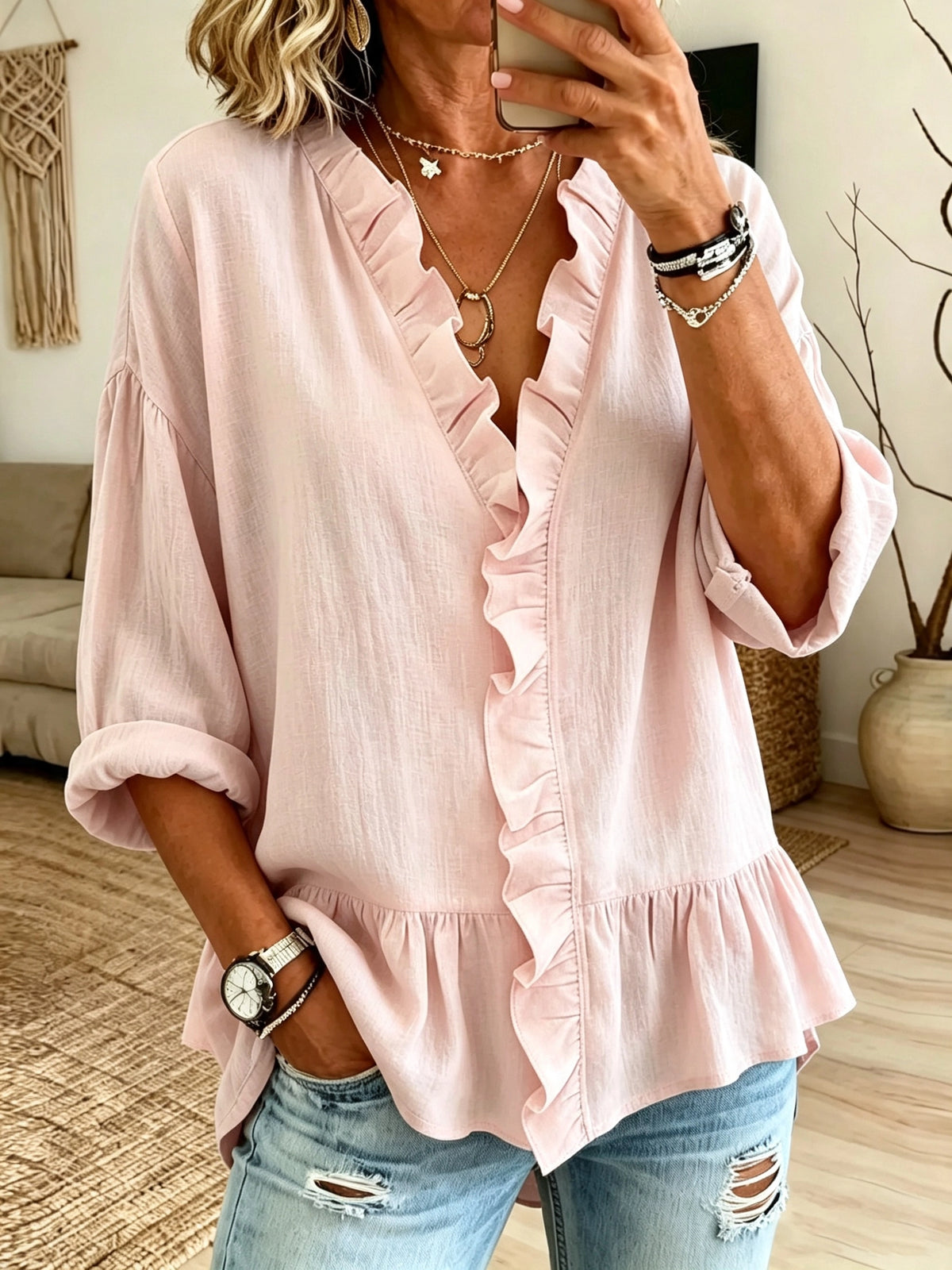 Women's Ruffled V-Neck Peplum Blouse