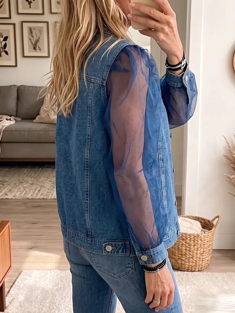 Vintage Elegant Denim Patchwork Sheer Mesh Jacket