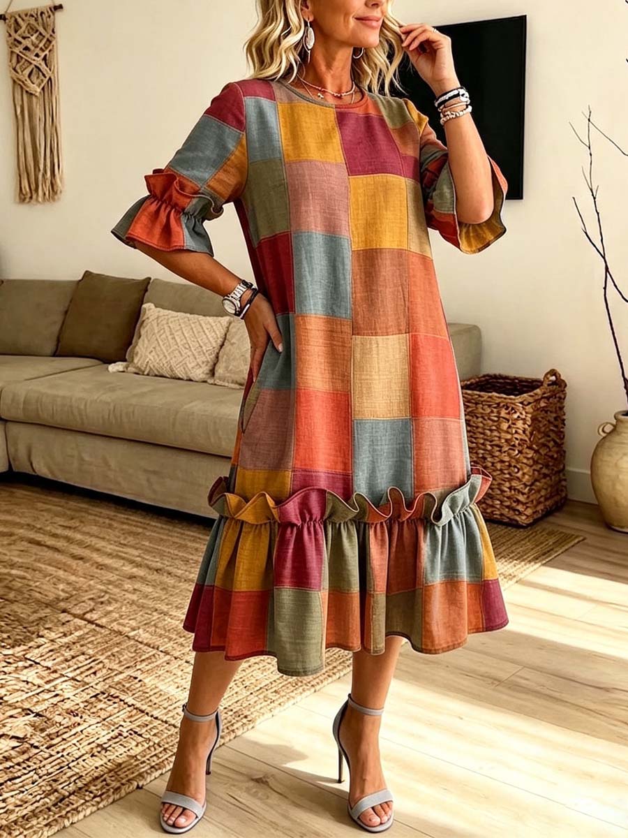 Retro Plaid Pattern Art Print Casual Ruffle Stylish Cotton Linen Dress
