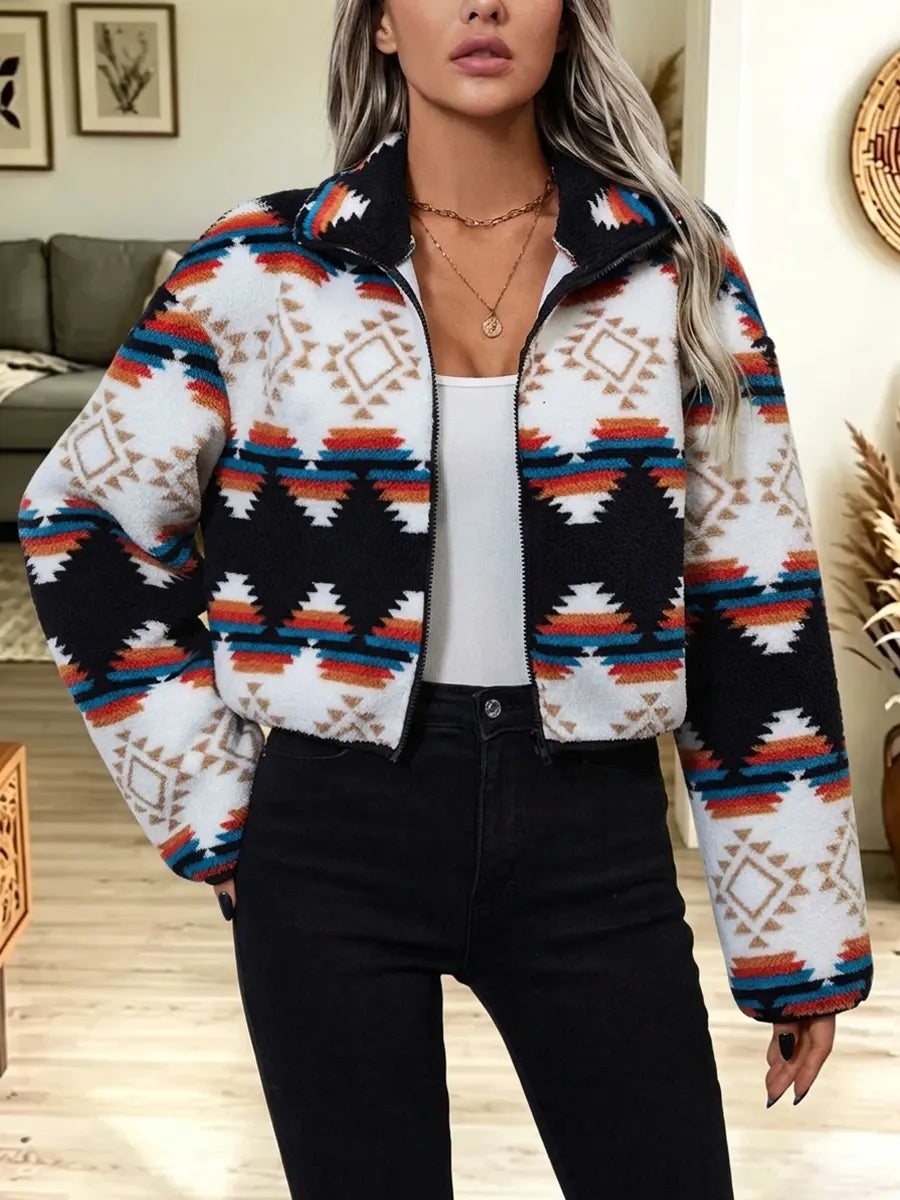 Retro Ethnic Pattern Art Casual Stylish Lapel Zip Long Sleeve Coat