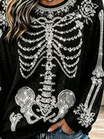 Retro Rhinestone Skeleton Pattern Art Casual Stylish Long Sleeve Top