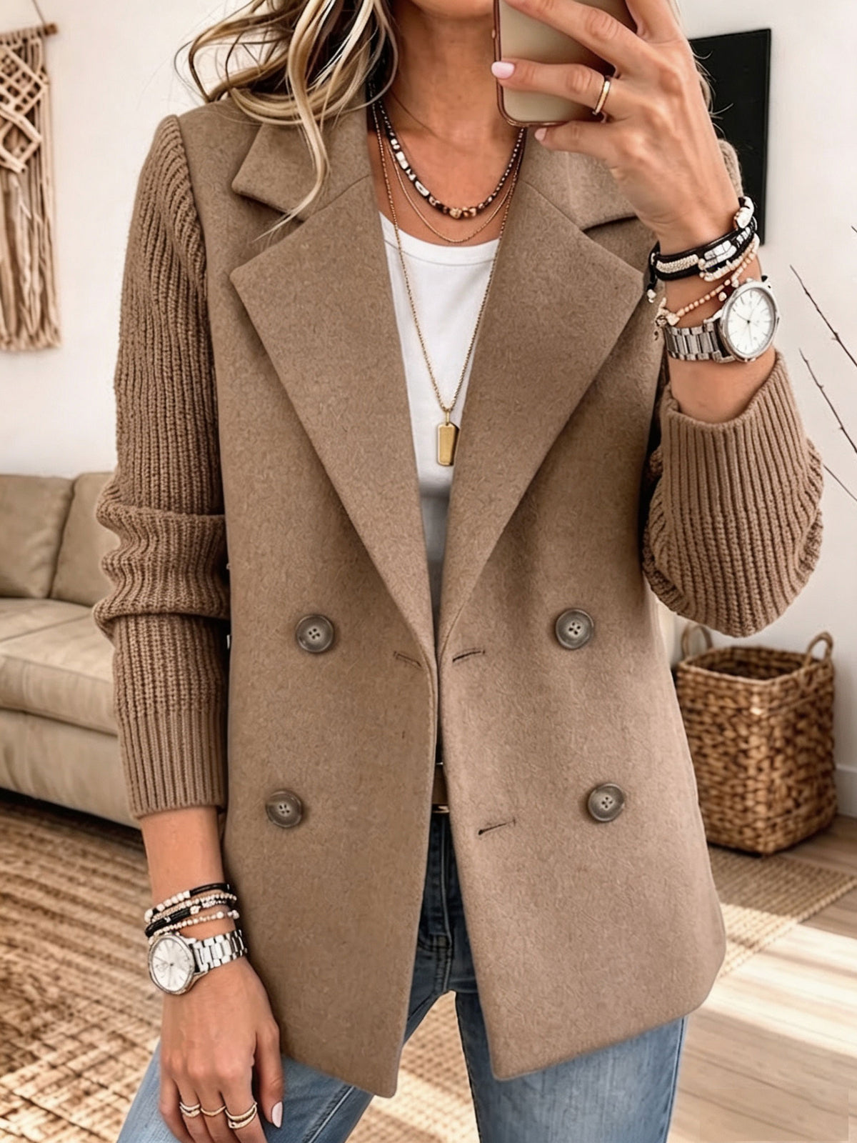 Women Mixed Media Blazer, Knit Sleeve Double‑Breasted Lapel Wool‑Blend Jacket