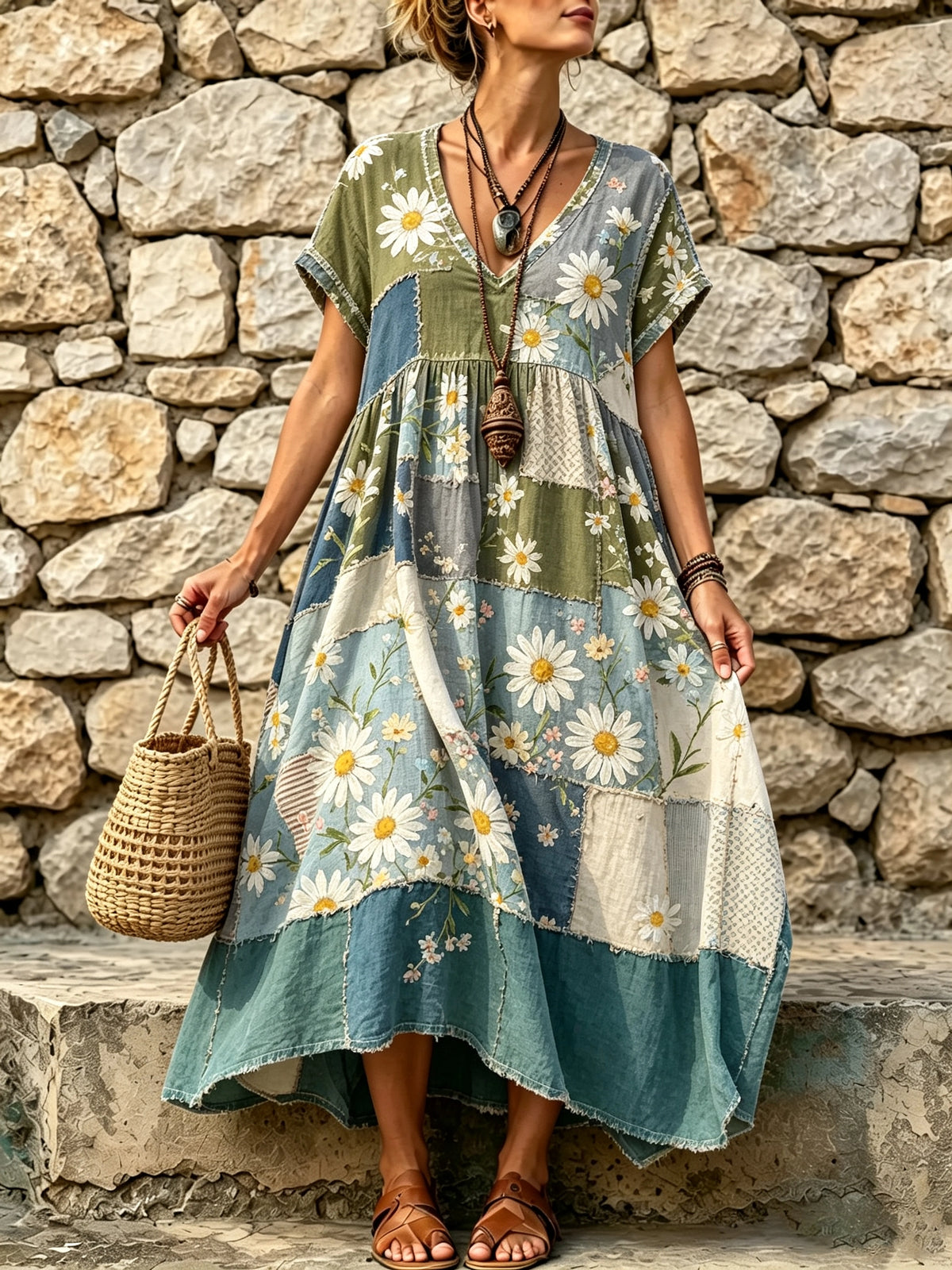 Women's Daisy Patchwork Print Maxi Dress