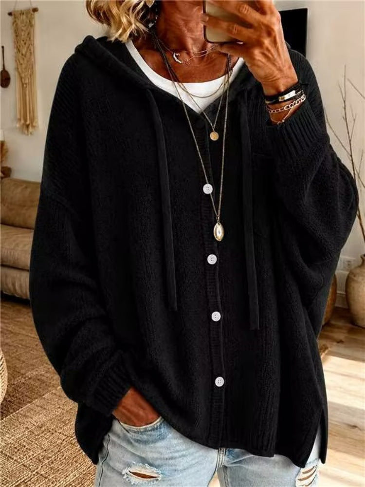 Drawstring Hooded Button Knit Cardigan Women Loose Long Sleeve Sweater