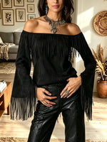 Women's Off-the-Shoulder Fringe Bell Sleeve Suede Top