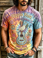 Men Tie Dye Guitar Dove Hippie Retro Print Short Sleeve T-Shirt