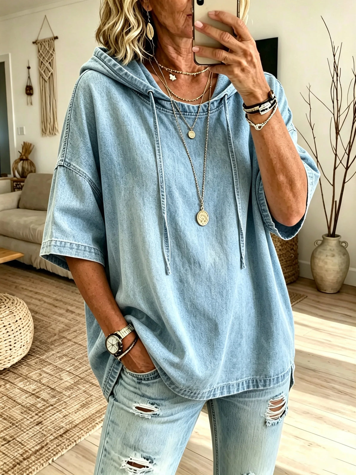 Women's Washed Denim Solid Hooded Short Sleeve Loose Top