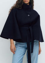 Cape Sleeve Belted Wool Blend Coat Stand Collar Button Wrap Jacket