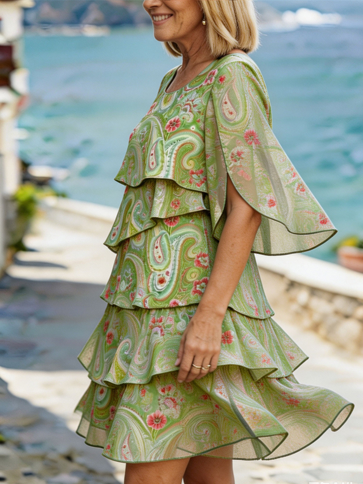 Women’s Green Paisley Floral Split Flare Sleeve Tiered Ruffle Chiffon Mini Dress