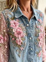Women's Floral Lace Sleeve Denim Jacket