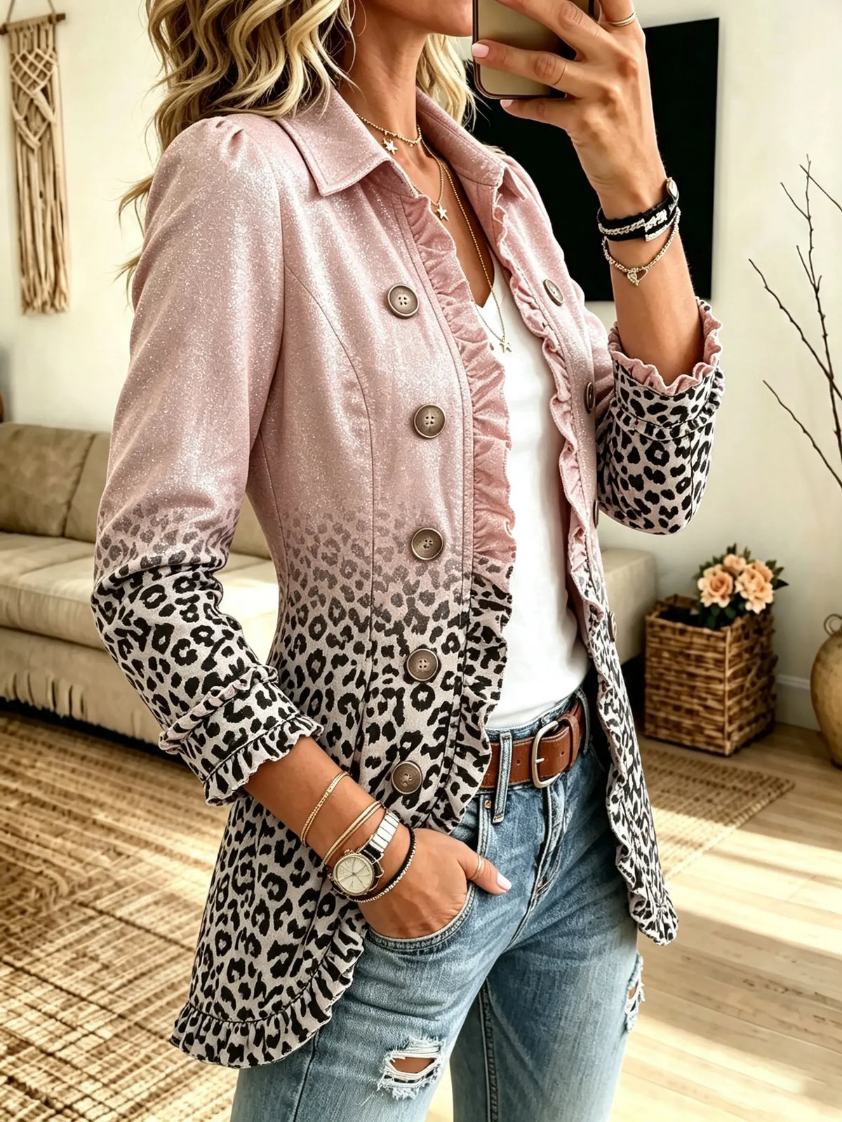 Women's Glitter Ombre Leopard Ruffle Jacket