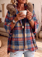 Plaid Faux Fur Hood Zip Up Batwing Sleeve Cape Coat