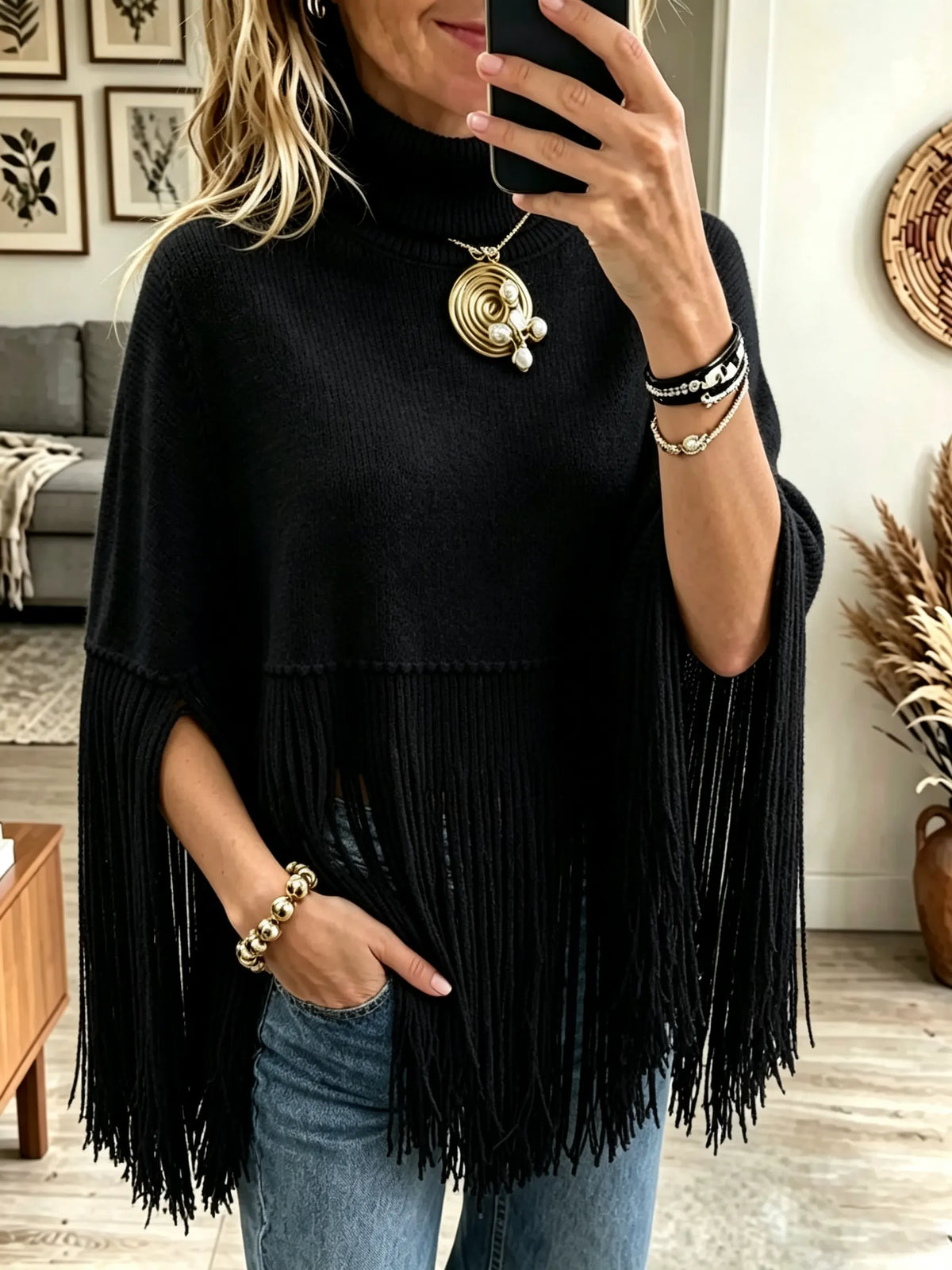 Women's Turtleneck Fringe Knit Poncho Sweater