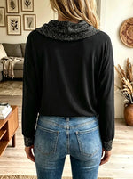 Women's Glitter Trim Draped Cowl Neck Tunic Blouse