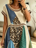 Women's Leopard Geometric Color Block Patchwork Hollow Short Sleeve Midi Dress