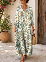 Retro Floral Butterfly Pattern Art Print Casual V-neck Long Sleeve Cotton Linen Maxi Dress
