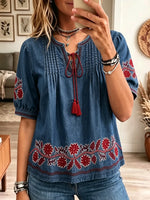 Women's Floral Embroidered Tassel Denim Top