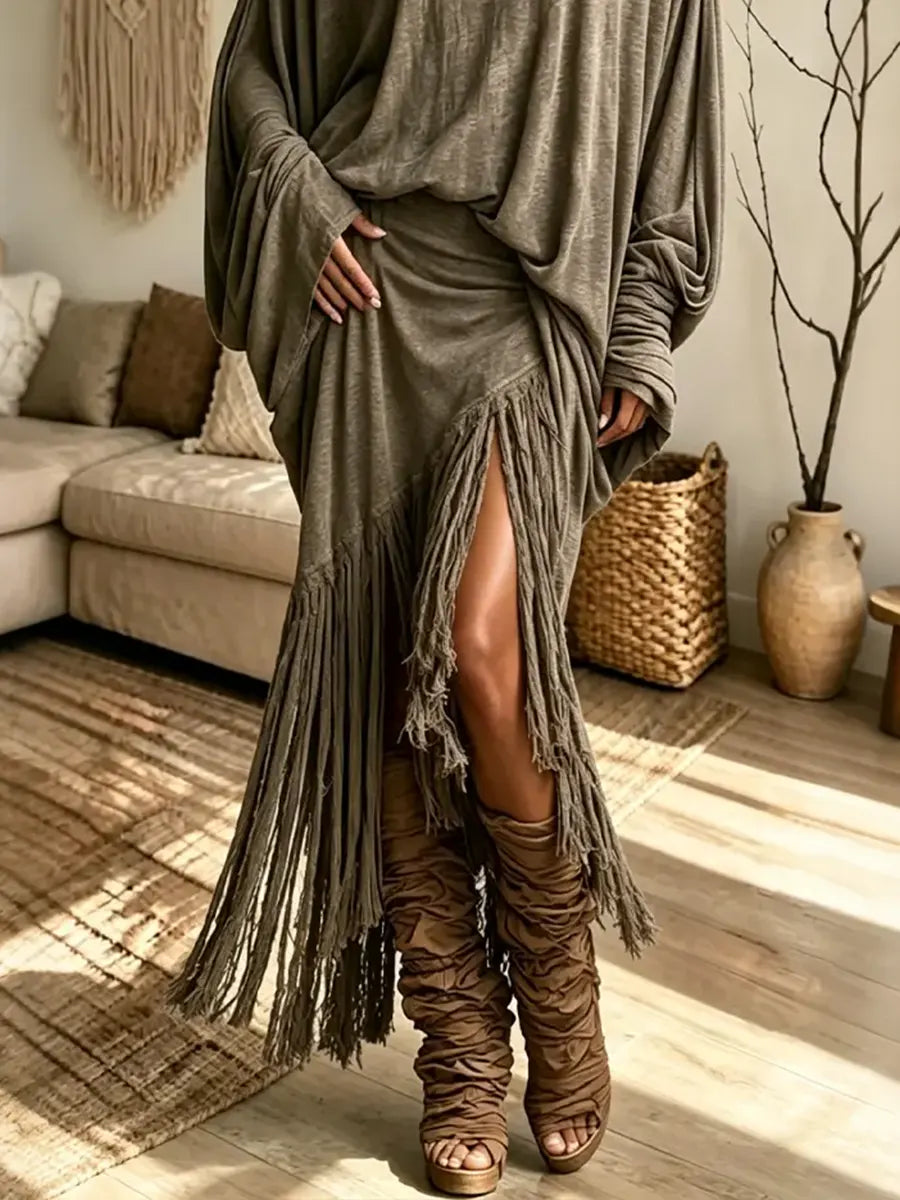 Women's Stacked Collar Off-shoulder Loose Tassel Set