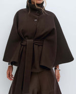 Cape Sleeve Belted Wool Blend Coat Stand Collar Button Wrap Jacket