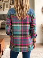 Women Lapel Button Bright Pink‑green Tartan Denim Spliced Blazer Jacket Outerwear