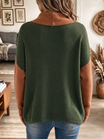 Women's Green and Brown Colorblock Cowl Neck Asymmetric Button Sweater