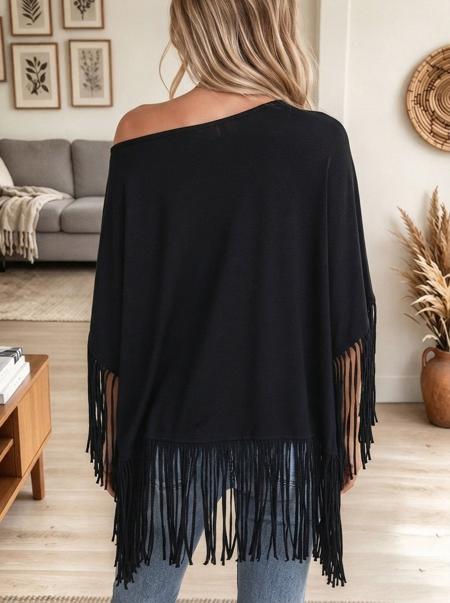 Women's Black Asymmetric Off-Shoulder Poncho Top with Fringe Hem