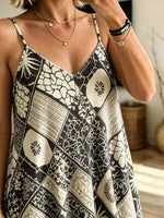 Women Vintage Geometric Floral Plaid V-neck Slip Maxi Dress