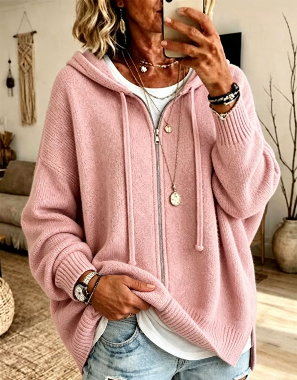 Full Zip Up Hooded Knit Cardigan Women Loose Long Sleeve Sweater