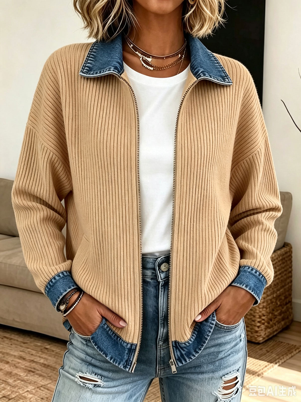 Denim Collar Patchwork Zip‑Up Ribbed Knit Jacket, Women Casual Cardigan Coat