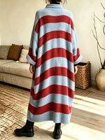 Retro Stripe Pattern Art Casual Stylish Long Sleeve Knit Sweater Maxi Dress