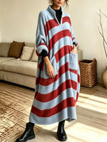 Retro Stripe Pattern Art Casual Stylish Long Sleeve Knit Sweater Maxi Dress