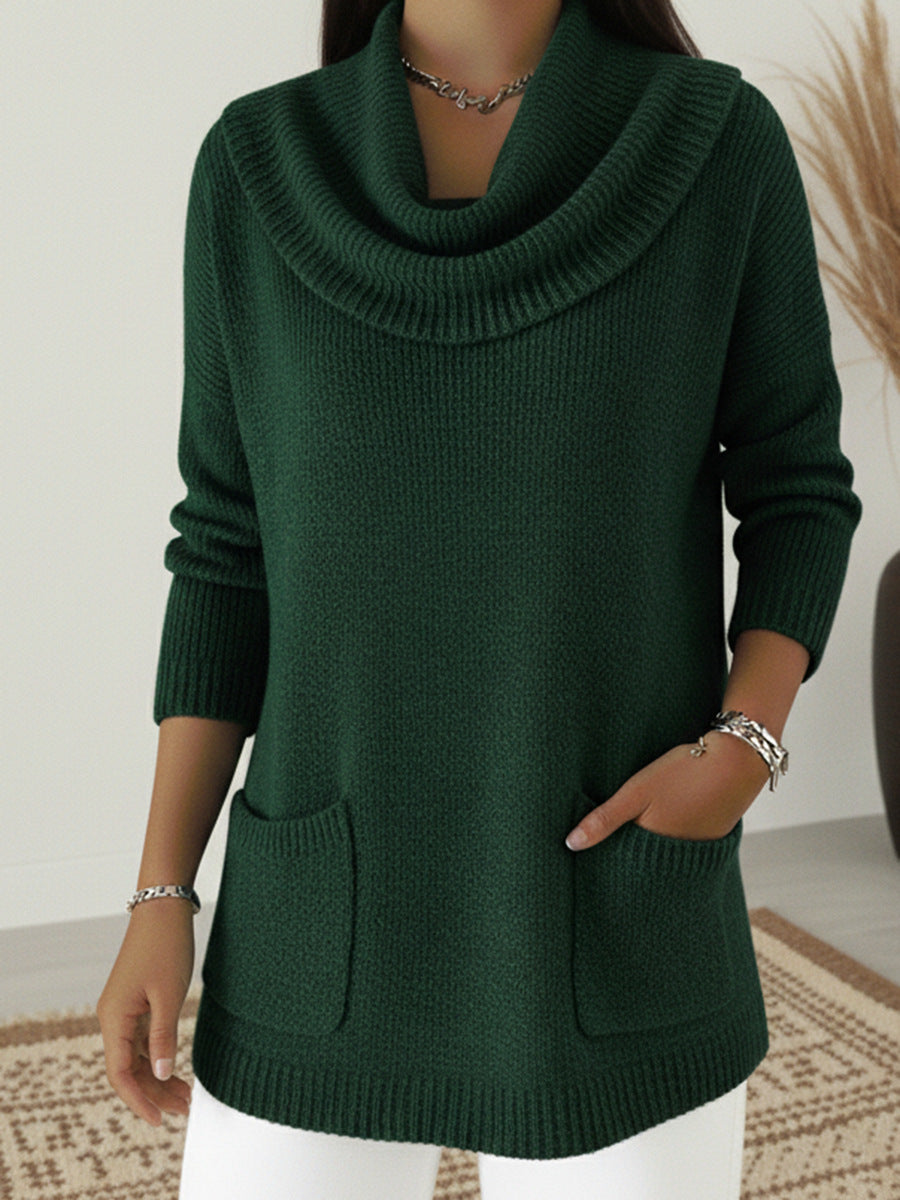 Women Cowl Neck Pockets Drop Shoulder Loose Knit Sweater