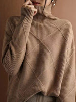 Diamond Cable Knit Turtleneck Sweater Women Loose Long Sleeve Pullover