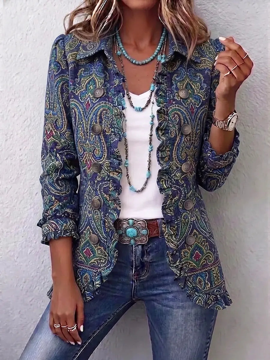 Retro Ethnic Floral Art Pattern Print Ruffle Casual Stylish Cotton Lapel Coat
