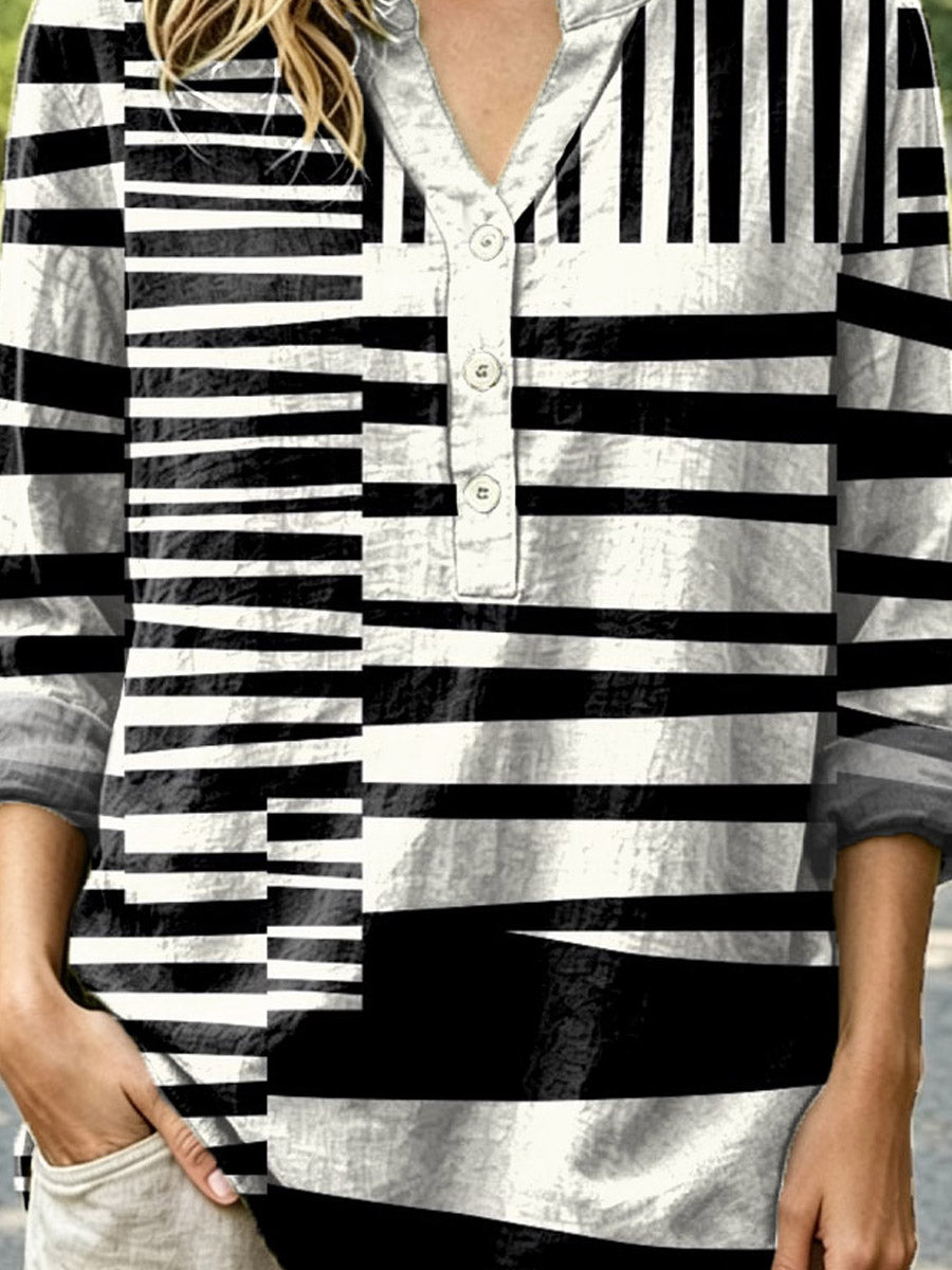 Women's Black White Stripe Pattern Art Print Casual Long Sleeve Linen Shirt