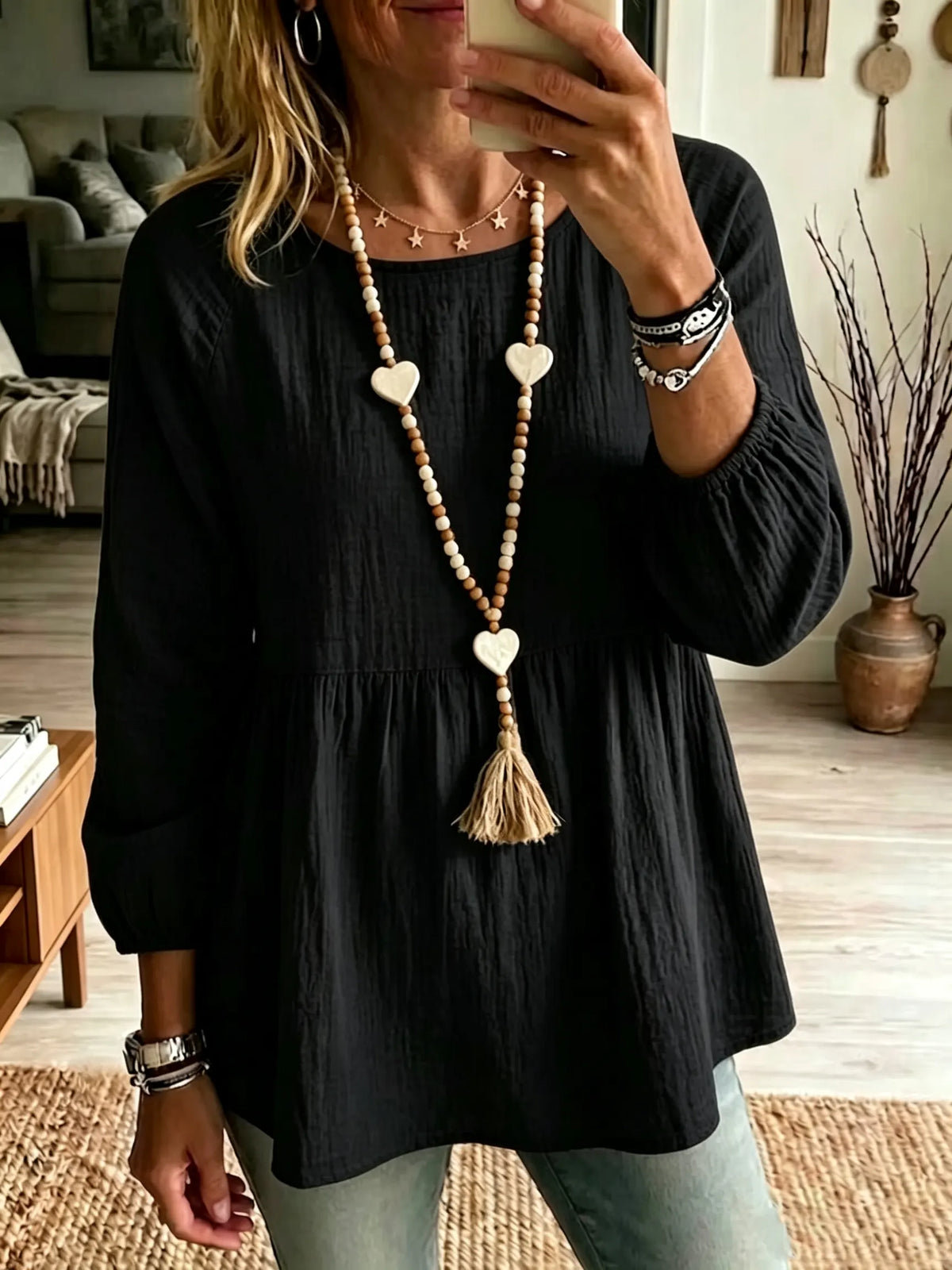 Women's Babydoll Crinkle Cotton Tunic Top