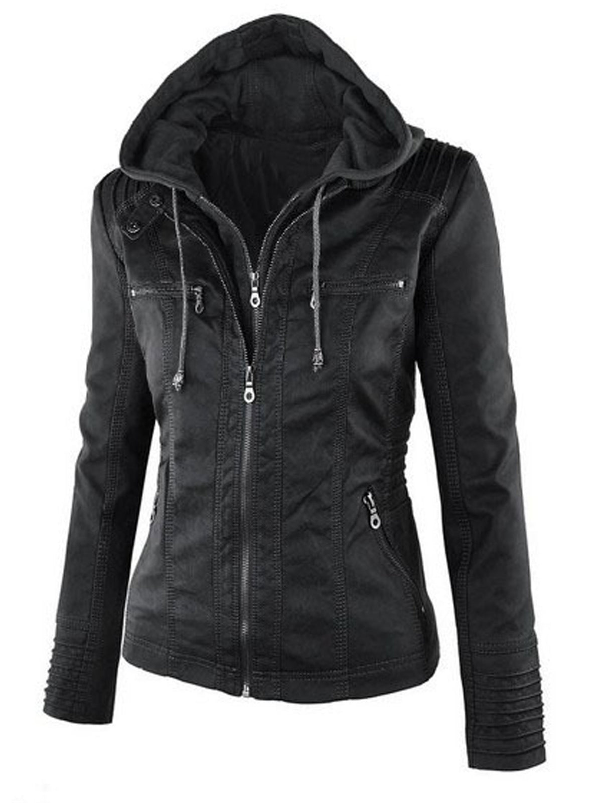 Women Detachable Hood Faux Leather Biker Jacket, Zip‑Up Slim Moto Coat With Multi Zipper Pockets