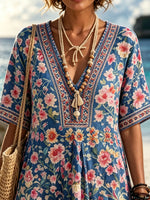 Women Watercolor Rose Floral All Over Print Boho Beach Maxi Dress