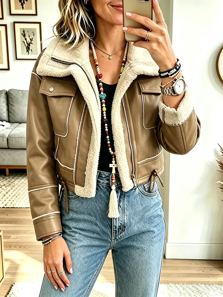 Women Retro Short Warm Motorcycle Jacket