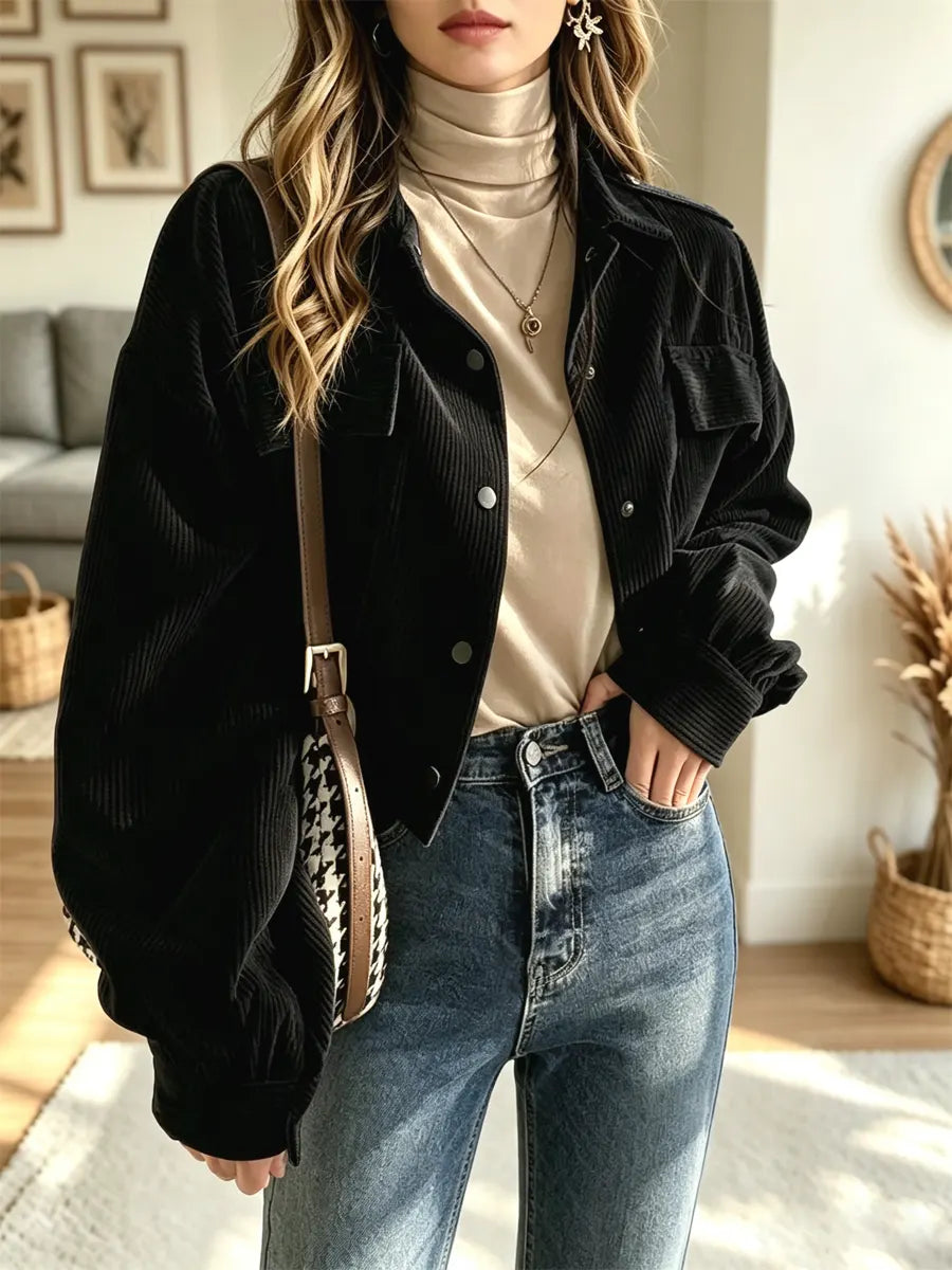 Retro Lapel Art Casual Corduroy Stylish Long Sleeve Short Coat