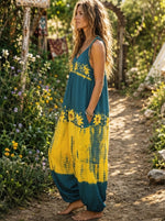 Women’s Sunflower Print Tie Dye Spaghetti Strap Boho Harem Jumpsuit With Pockets