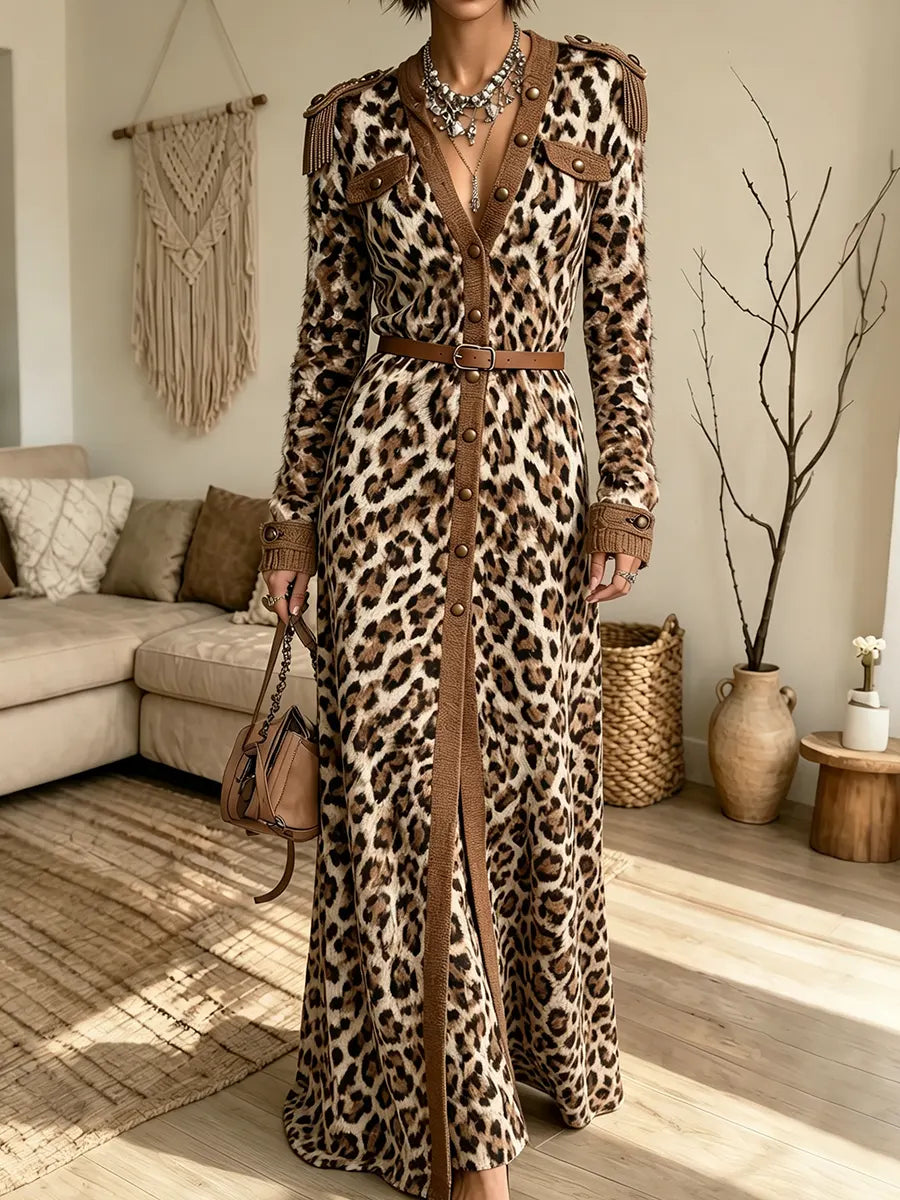 Women's Leopard Print Long-sleeve V-neck Cardigan Long Dress(Belt not included)